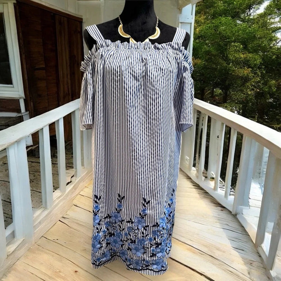 London Times Cold Shoulder Blue & White Striped Embroidered Flower Dress Size 10 - Picture 1 of 8